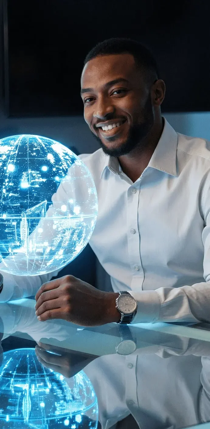 Homme souriant devant un globe lumineux dans un environnement de bureau moderne.